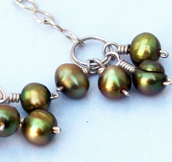 Olive Freshwater Pearl Clusters and Large Sterling Link Chain Earrings