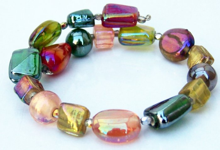 Colorful Luster Glass Beads and Czech Crystal Memory Bracelet