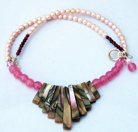 Garnet, Pearl, and Abalone Pink Necklace