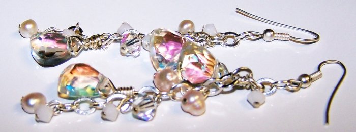 Geometric Aurora Borealis Swarovski Crystals and Freshwater Pearls Large Link Chain Earrings