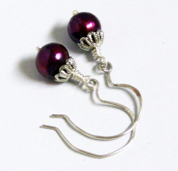 Rich Berry Freshwater Pearls Ornate Sterling Silver Earrings