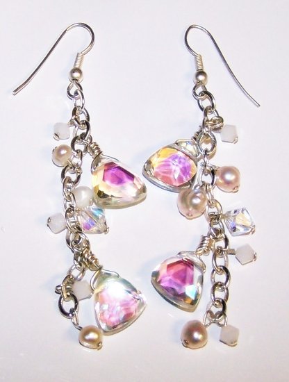 Geometric Aurora Borealis Swarovski Crystals and Freshwater Pearl Earrings