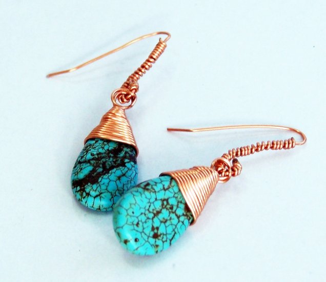 Bright Turquoise Briolette Wire-Wrapped Copper Earrings