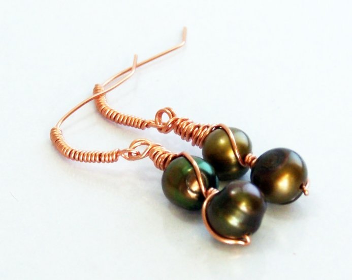 Rich Green Bronze Pearl Wire Wrapped Copper Earrings