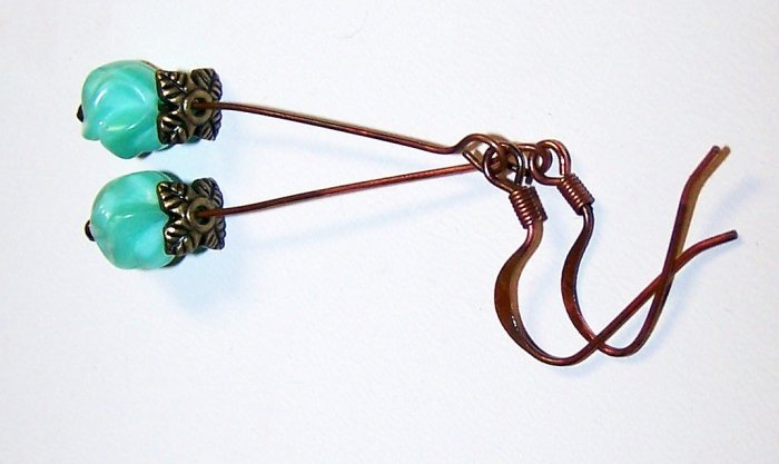 Teal Czech glass and Brass Vintage Style Pendulum Earrings