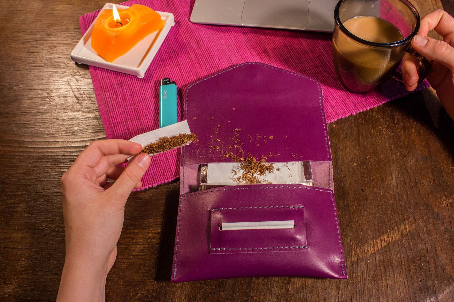 Purple Tobacco pouch Leather tobacco wallet