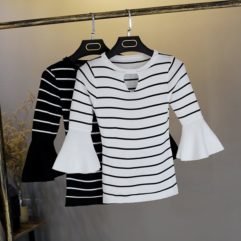 Women's fashion Knitted O-neck flared half sleeve stretch stripes t-shirt tops #0520