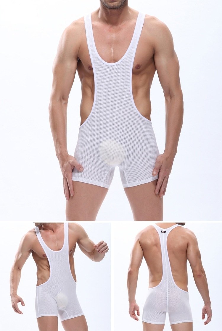 White Men S Mesh Perforated Bodysuit Wrestling Singlet Underwear Lt