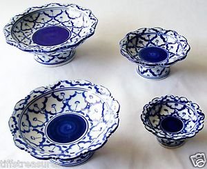 Lot 4 CERAMIC PLATTER w/ STAND Thai Asian Blue White PLATE 3" 4" 5" 6" MICROWAVE