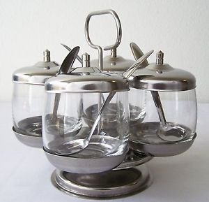 CONDIMENT CADDY Set GLASS & STAINLESS STEEL Revolves FOUR Jars Lids Spoons +Base