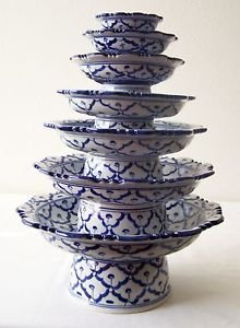 Lot 7 CERAMIC PLATTER STAND Thai Asian BLUE WHITE 3" 4" 5" 6" 7" 8" 9" MICROWAVE