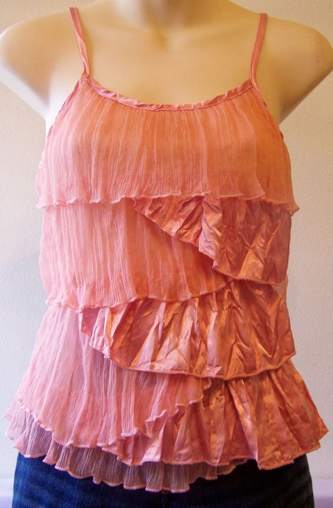 Women's Juniors SILK TOP by TEA Frills Spaghetti Strap PASTEL PEACH M Med SUMMER