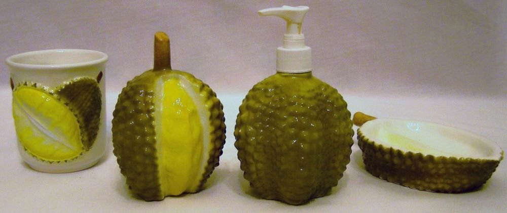 Tropical Fruit 4-pc BATH SET Durian CUP Lotion Dispenser SOAPDISH Toothbrush Hol