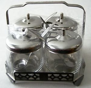 CONDIMENT CADDY SET x8 Glass STAINLESS STEEL 4 Jars Lids Spoons + Base IMPORTED