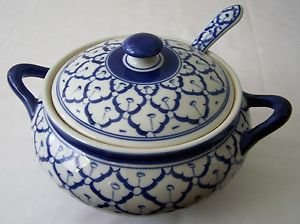 CERAMIC BOWL Asian Thai Blue & White MICROWAVE Bowl + Lid + Spoon 8.25" Diameter