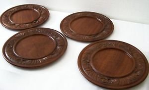 WOODEN PLATE x4 Wood Platter GORGEOUS SET of 4 Floral Motif Handcarved GUATEMALA
