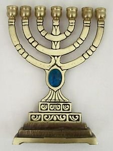 Brass MENORAH CANDLE LIGHT HOLDER 7 Branch TURQUOISE Stone Candlestick fr ISRAEL
