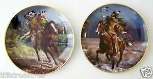 NATIVE AMERICAN 2 Plate Lot Collectible Porcelain CHARGING + TRIUMPHANT WARRIOR