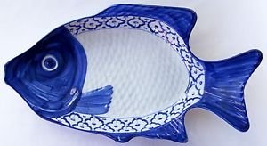 CERAMIC Perch Fish Shaped PLATE Thai Asian Blue White PLATTER 15.5"x8" MICROWAVE