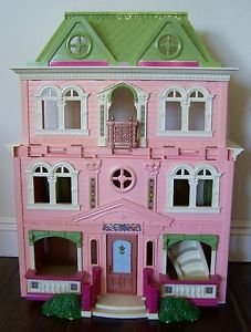 Fisher Price HUGE DOLLHOUSE Play Set PINK GREEN Balcony Stairs 3 STORIES Folding