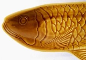 CERAMIC Fish Shaped PLATE Asian Brown Serving Platter Dish 16.3" x7.5" x2.3" NEW