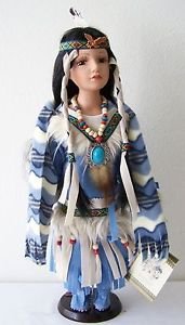 16" Porcelain DOLL NATIVE AMERICAN GIRL Blue Cream Red Outfit with SCARF & CoA