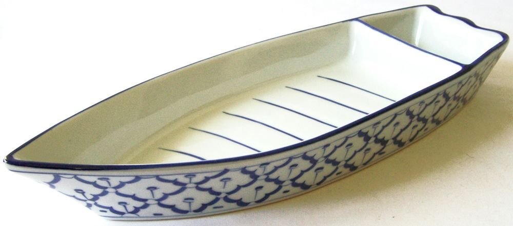 CERAMIC Boat Shaped PLATE #1 Thai Asian Blue White PLATTER 13" x 4.8" MICROWAVE