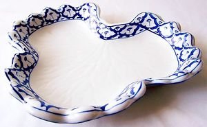 CERAMIC Gourd Leaf PLATE Asian Blue White Imported PLATTER 10.2"x9.7" MICROWAVE