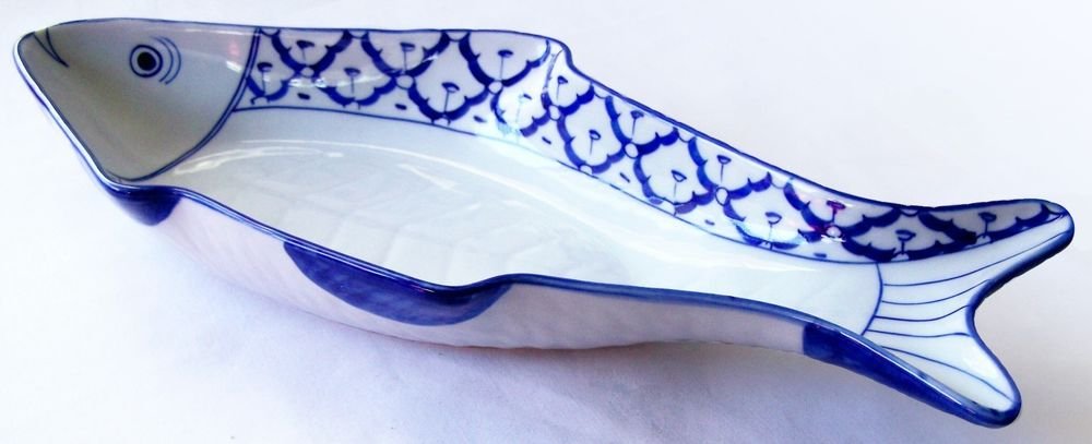 CERAMIC Fish Shaped LONG PLATE x8 Thai Asian Blue Wht PLATTER 15.5"x7" MICROWAVE