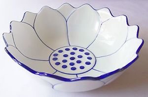 CERAMIC BOWL Lotus Flower THAI ASIAN Blue & White THAILAND 8" Diameter MICROWAVE