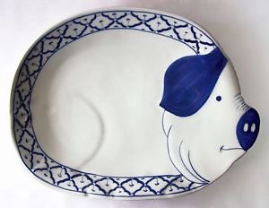CERAMIC Pig PLATE Thai Asian Blue & White PLATTER 12.8" x 9.8" x 1.65" MICROWAVE