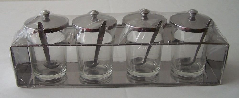 CONDIMENT TRAY SET x6 GLASS STAINLESS STEEL Imported FOUR Jars Lids Spoons Base