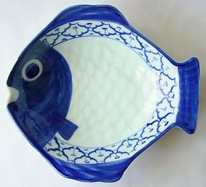 CERAMIC Pompano Fish Shape PLATE Thai Asian Blue White PLATTER 9"x8.2" MICROWAVE