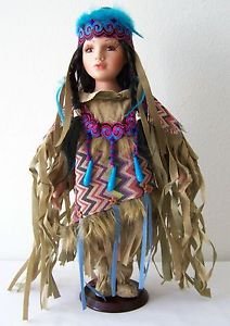 16" Porcelain DOLL NATIVE AMERICAN GIRL Tan Pink Blue Purple Outfit with CoA NEW