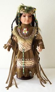 16" Porcelain DOLL NATIVE AMERICAN GIRL Tan/Cream/Orange-Red Outfit with CoA NEW