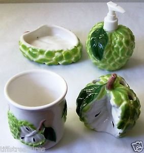 Tropical Fruit 4-pc BATH SET Custard Apple CUP Soapdish LOTION DISPENSER Toothbr
