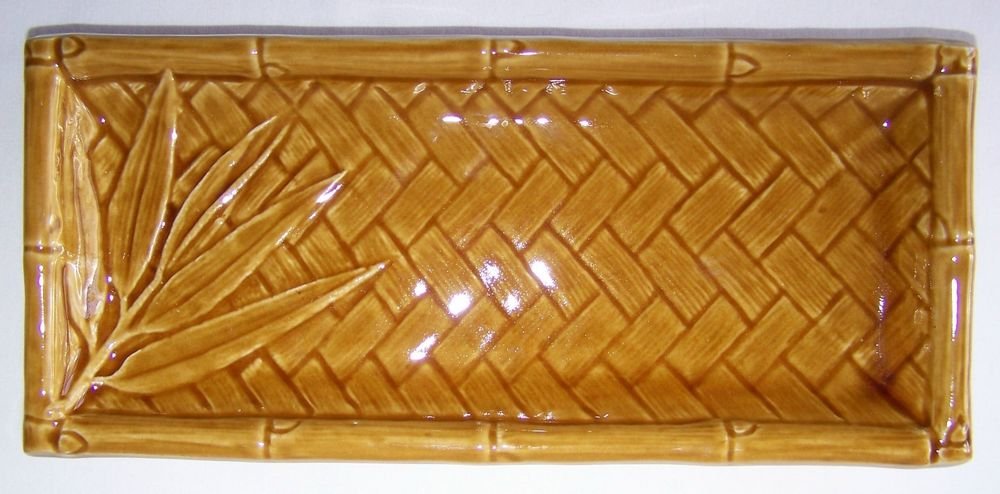 CERAMIC Bamboo Long Rectangle PLATE Asian Golden Brown Platter 11.2"x5"x1.2" NEW