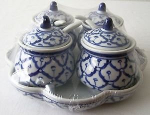 CERAMIC Condiment Tray SET x2 Four Containers Spoons Lids Base TRADITIONAL Thai