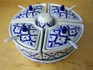 CERAMIC Condiment Tray x8 THAI Asian 4 Containers 4 LIDS 4 Spoons Shaker MODERN