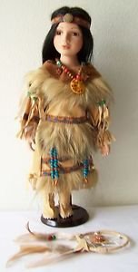 16" Porcelain DOLL NATIVE AMERICAN GIRL Tan/Beige/Red/Blue Outfit with CoA NEW