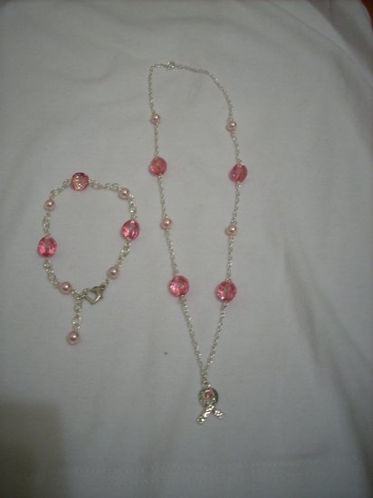 Handmade Pink Swarovski Crystal Breast Cancer Awareness Necklace & Bracelet set