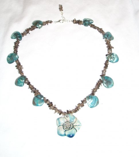 Handmade Blue Rose and Smokey Quartz Chip Necklace