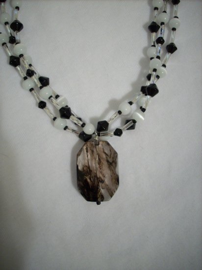 3 Strand Black Bicone and White Cat Eye Handmade Necklace