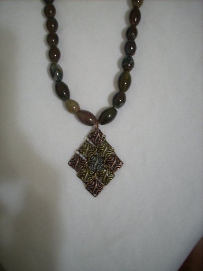Bloodstone Bead Handmade Necklace and Metal Pendant