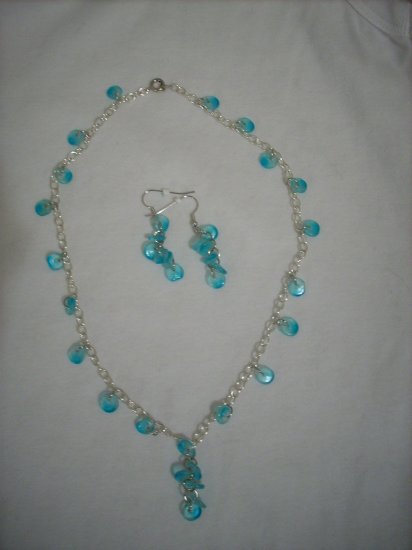 Sterling Plated Chain Necklace & Earrings Handmade Set with Blue Drops