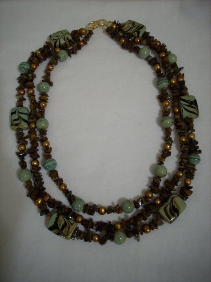 Handmade 3 Strand Tiger Eye Chip and Light Green & Brown Swirl Beaded Necklace