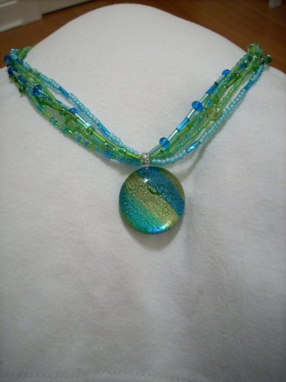 5 Strand Green & Blue Seedbead Handmade Necklace with Lampwork Pendant