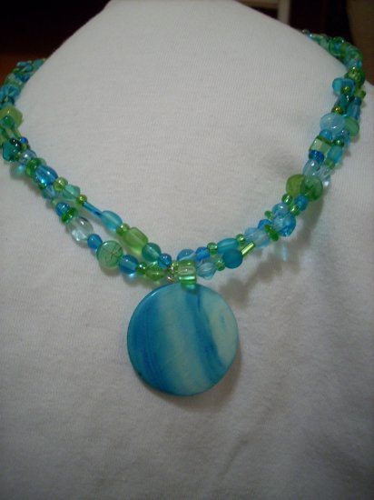 Handmade 2 Strand Green & Blue Necklace & Blue Pendant