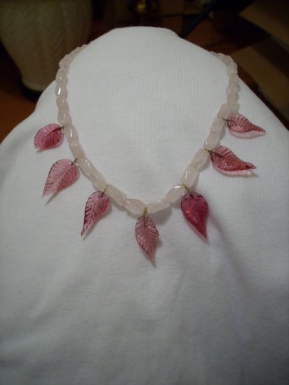 Handmade Dark Pink Leaf & Light Pink beaded Necklace