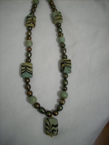 Handmade Green Gold Beads with Light Green & Dark Chocolate Swirl Beads Necklace